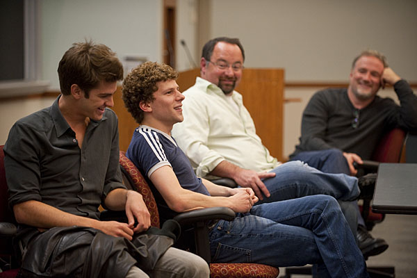 ‘The Social Network’ actors Andrew Garfield and Jesse Eisenberg, director of photography Jeff Cronenweth and director David Fincher answer questions from students at an informal get-together in Hodson Hall. Photo: Will Kirk, homewoodphoto.jhu.edu